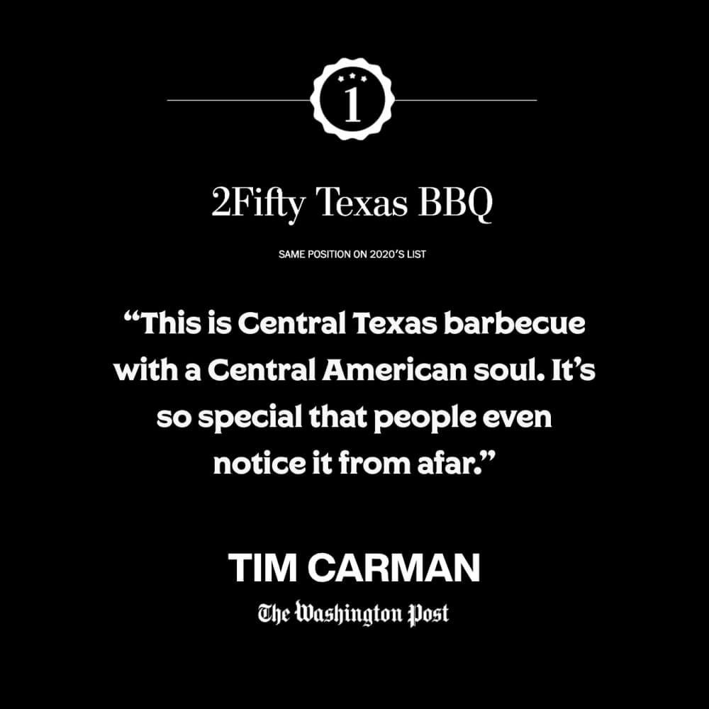Three consecutive years at #1 on the Washington Post's Best BBQ Joints list.