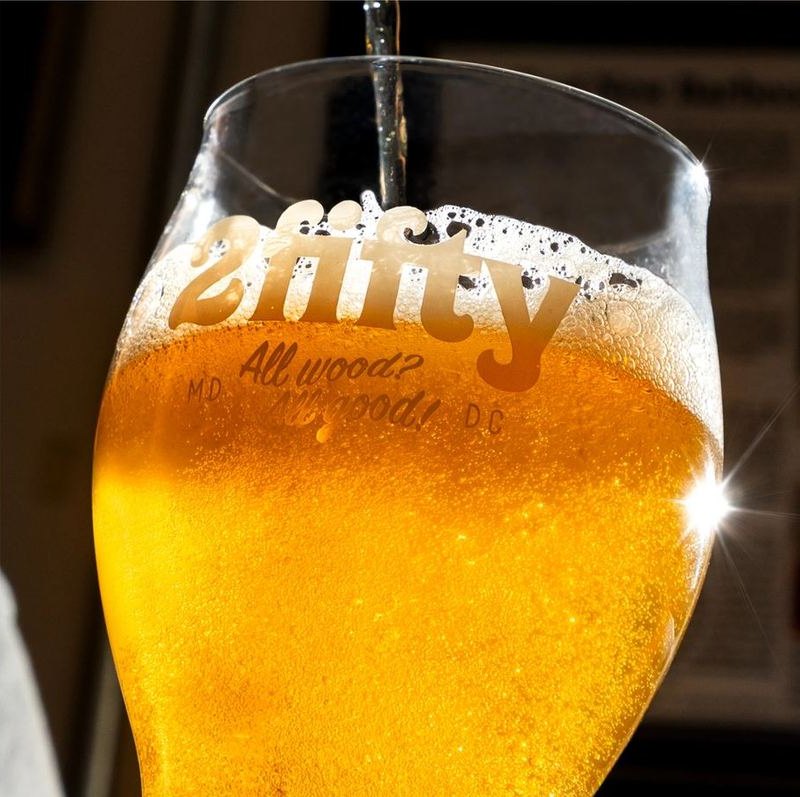 All American Lager poured into a 2fifty glass etched “All wood? All good!”