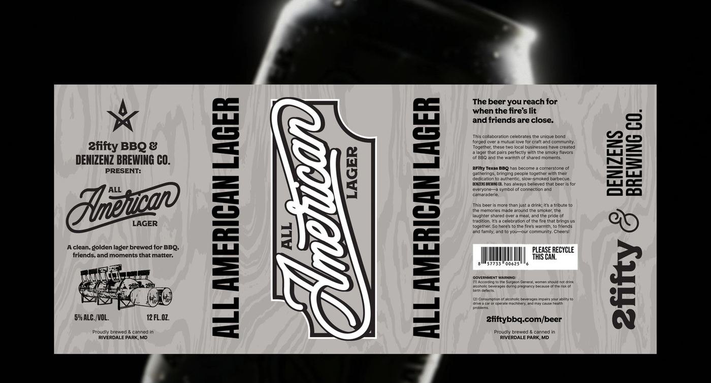 The final All American Lager can label, flat, with wood-grain background