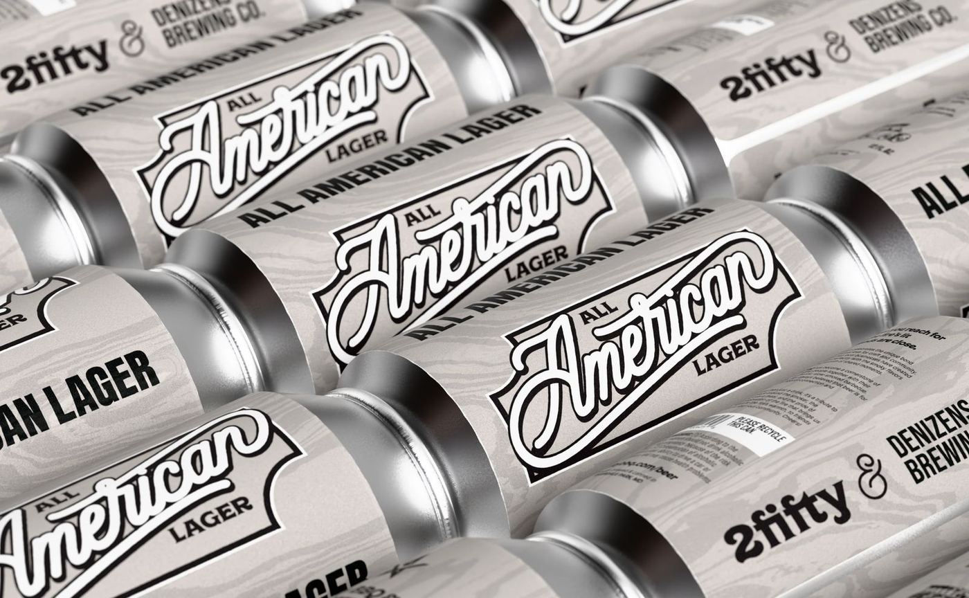 Rows of All American Lager cans lying side by side