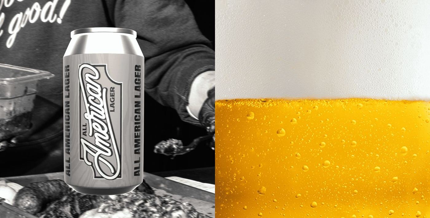 A can of All American Lager in a black-and-white kitchen scene, beside a close-up of golden lager