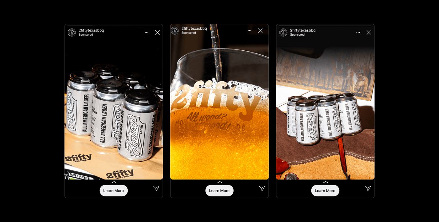 Three sponsored Instagram stories for 2fifty Texas BBQ featuring the lager