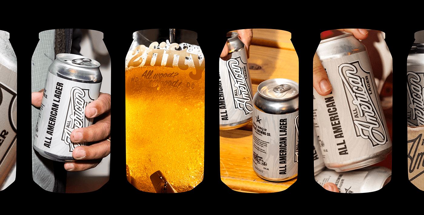A strip of cans and a poured glass framed in rounded windows