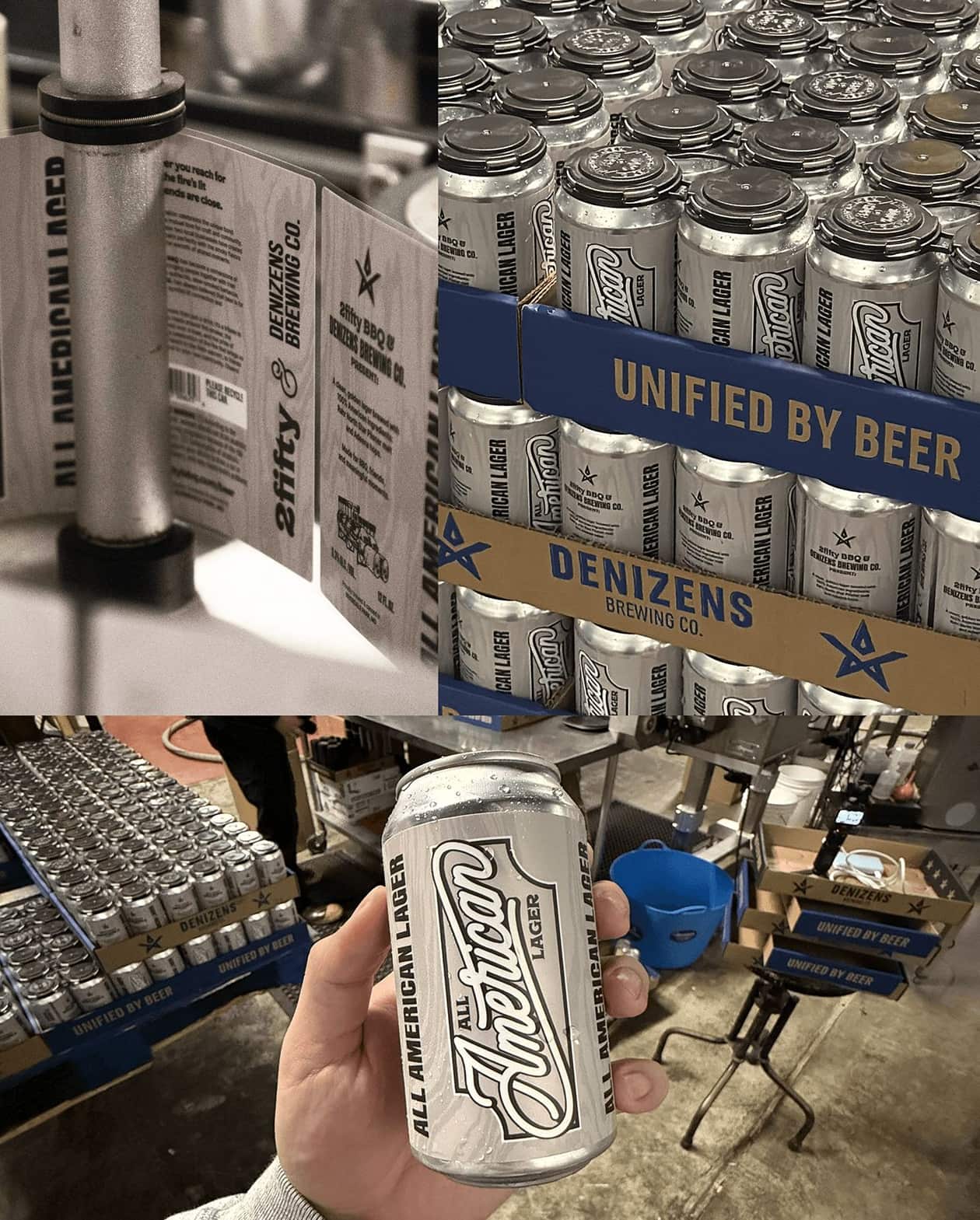 Cans running down the Denizens canning line under a “Unified by beer” sign