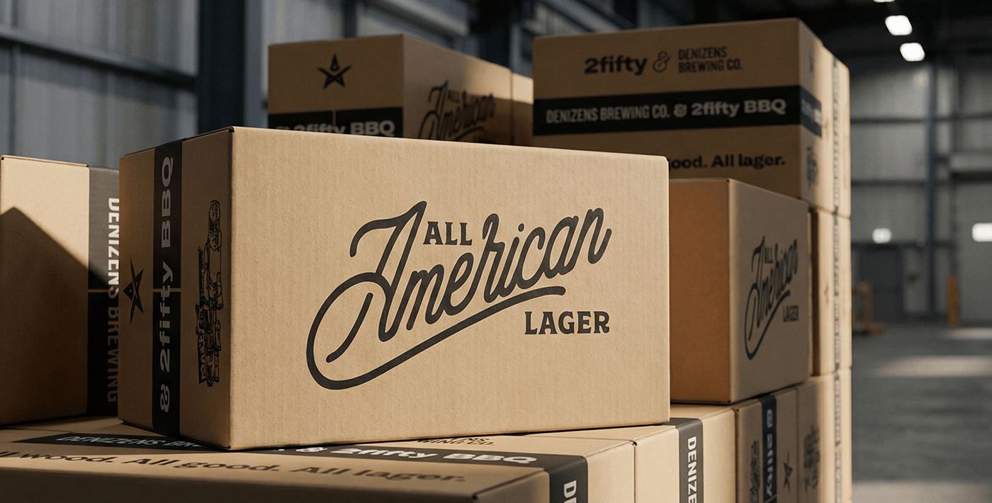 Canned at Denizens Brewing Co. and packed in branded kraft cases.