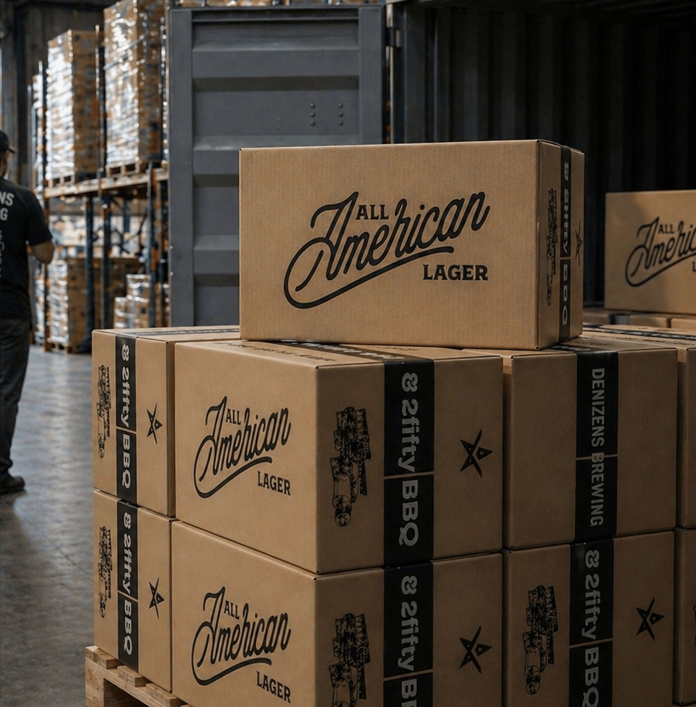 Stacked All American Lager cases in the brewery warehouse