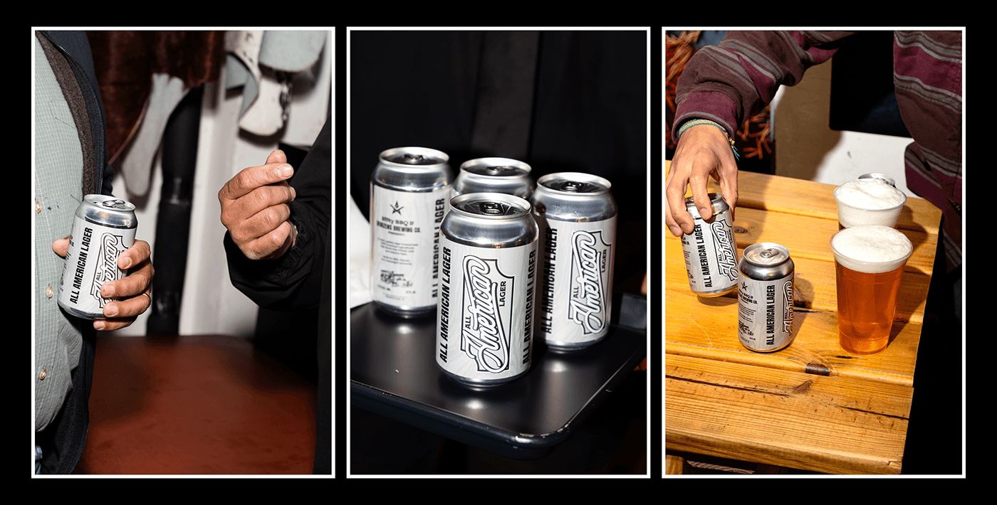 Guests opening and pouring cans of All American Lager at the reveal
