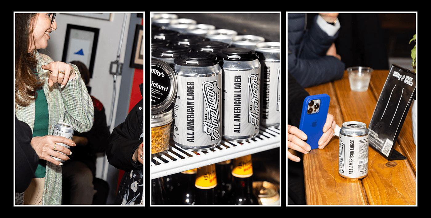 Cans on display and guests toasting at the reveal event