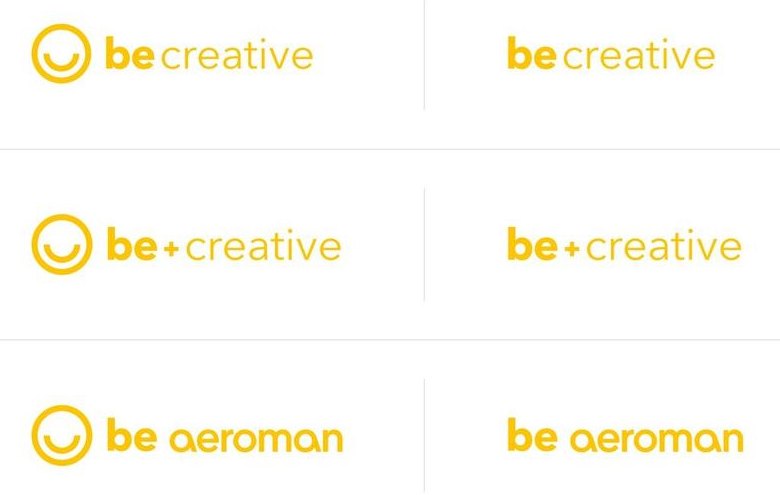 Be logotype use cases — be creative, be + creative and be aeroman, with and without the symbol
