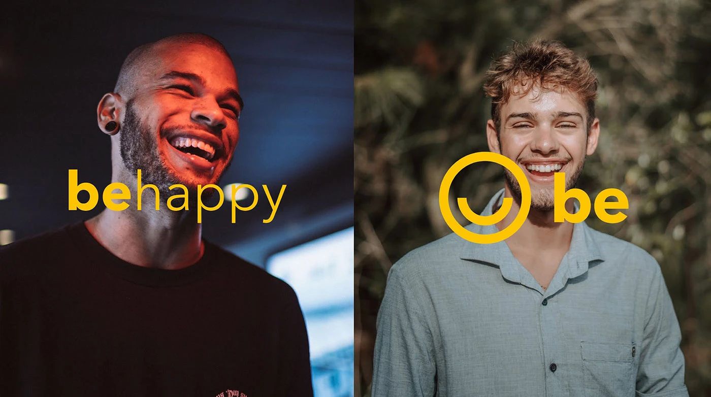 Two portraits branded behappy and be