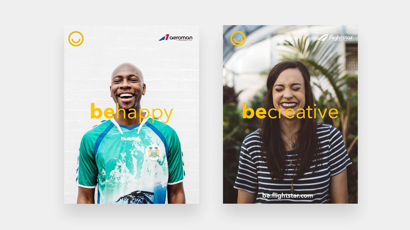 Be posters for Aeroman and Flightstar — behappy and becreative