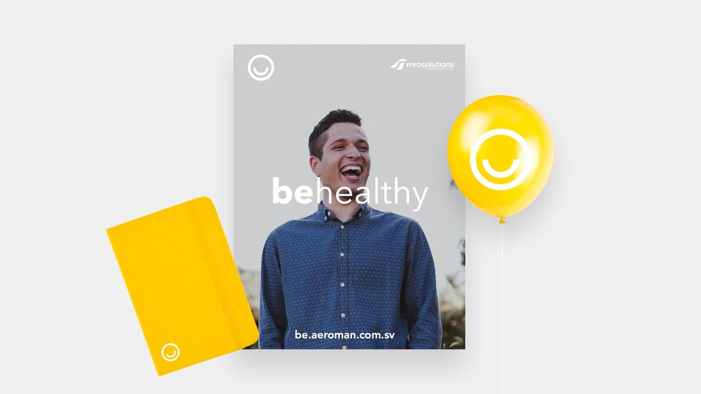 A behealthy poster for MRO Solutions with a yellow notebook and Be balloon