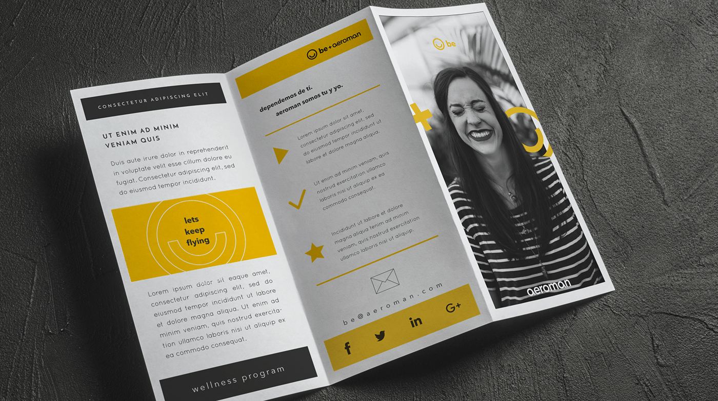 A Be tri-fold brochure in yellow with portrait photography