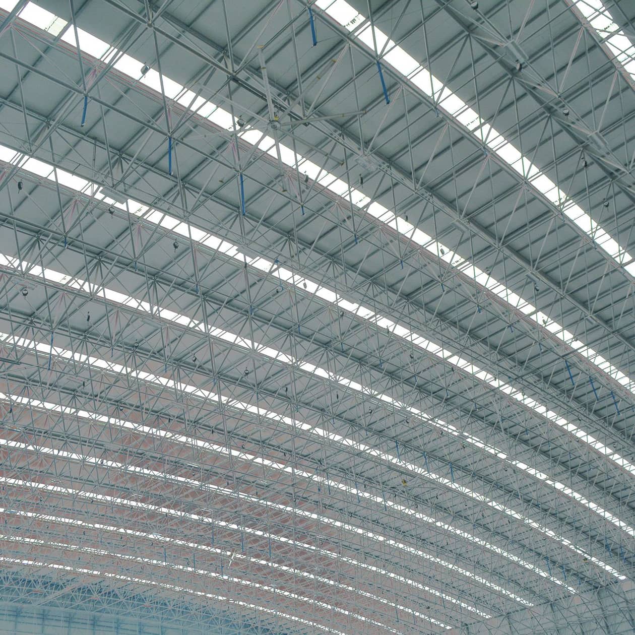 The steel roof structure of an aircraft hangar