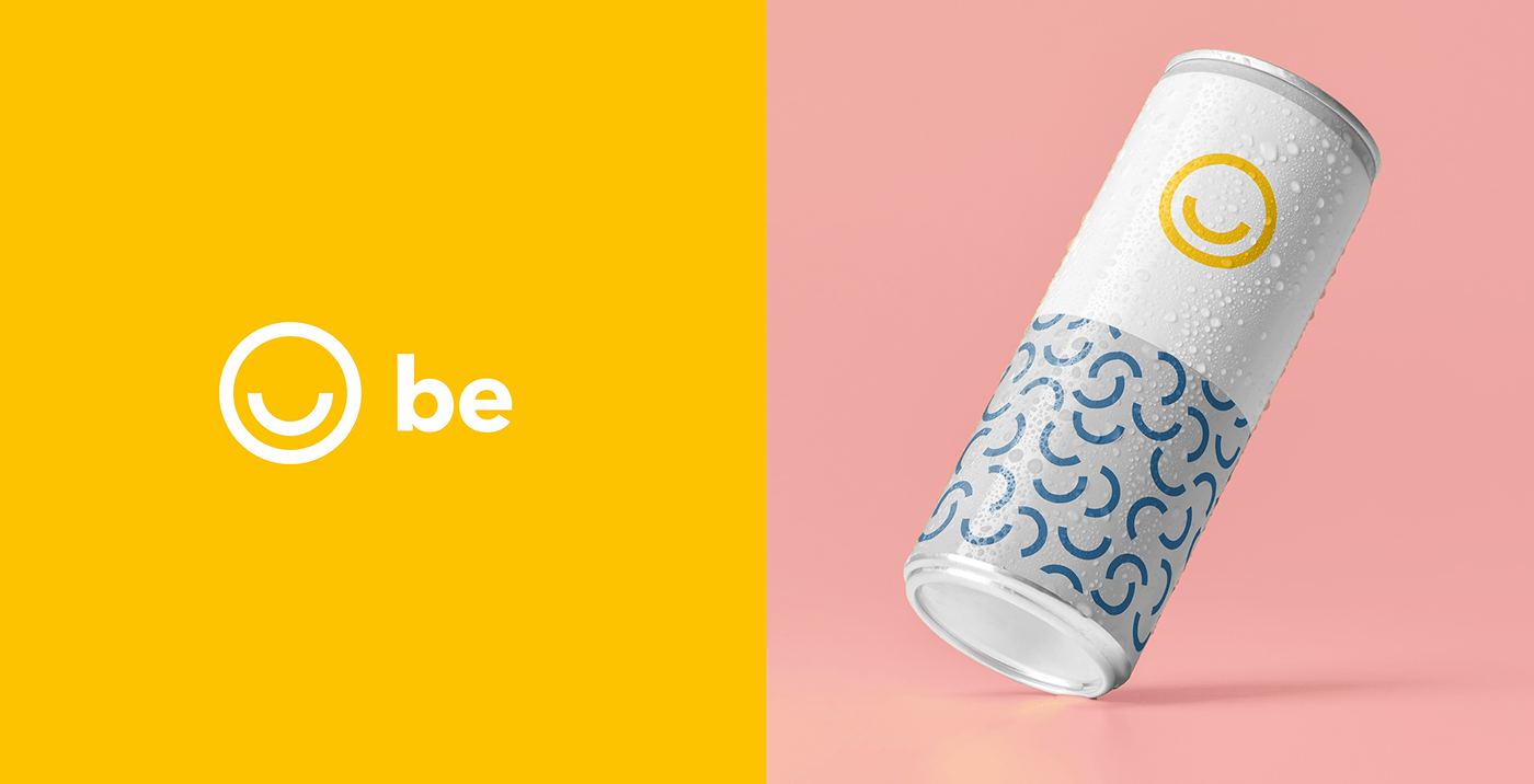The be wordmark on yellow beside a can wrapped in the arch pattern