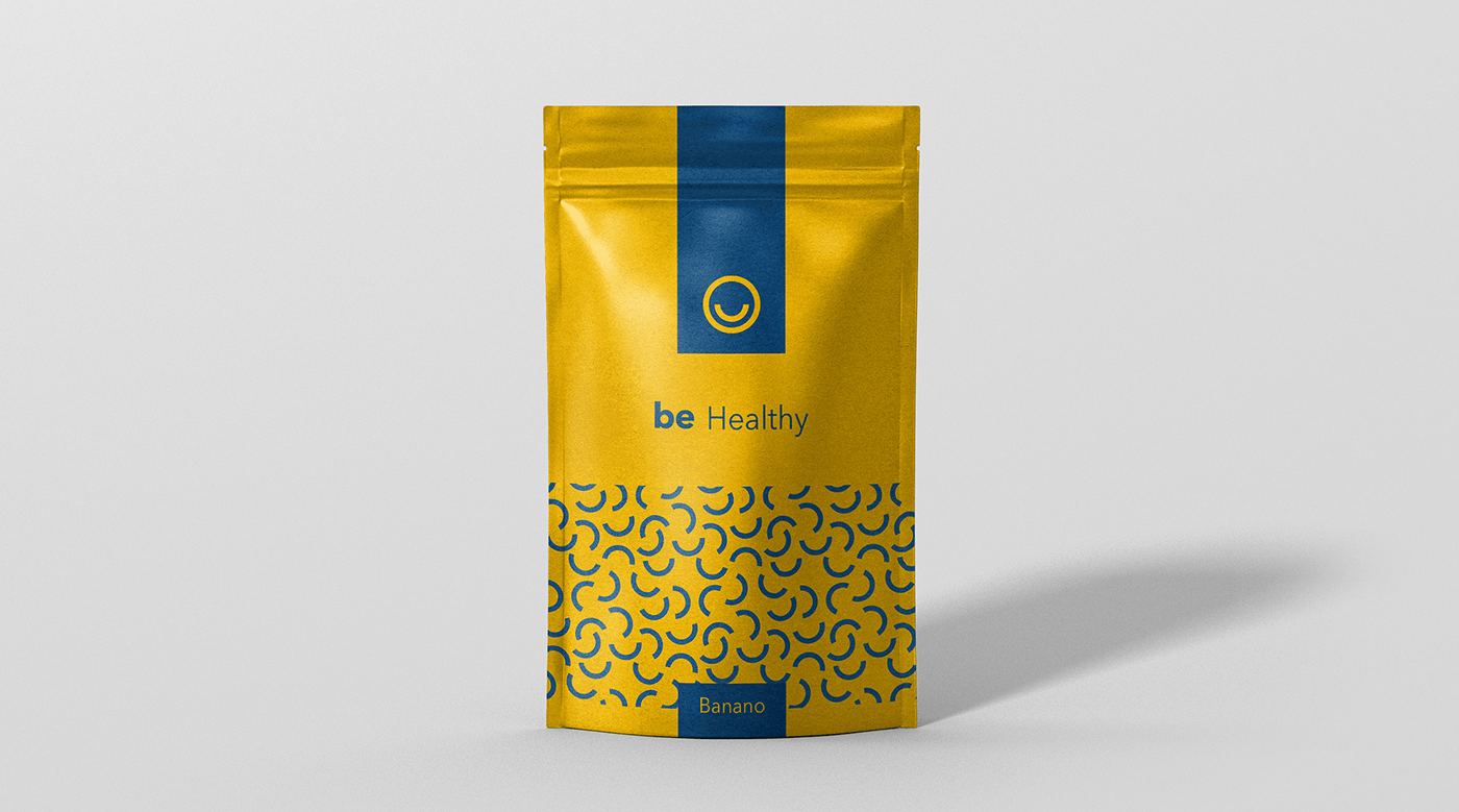A yellow be Healthy pouch with the symbol and the arch pattern in blue