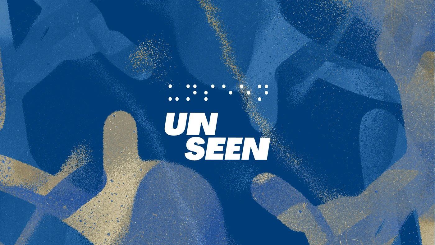 The UNSEEN wordmark over a textured blue and gold field