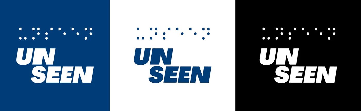 The UNSEEN wordmark in three colourways — on blue, on white and on black