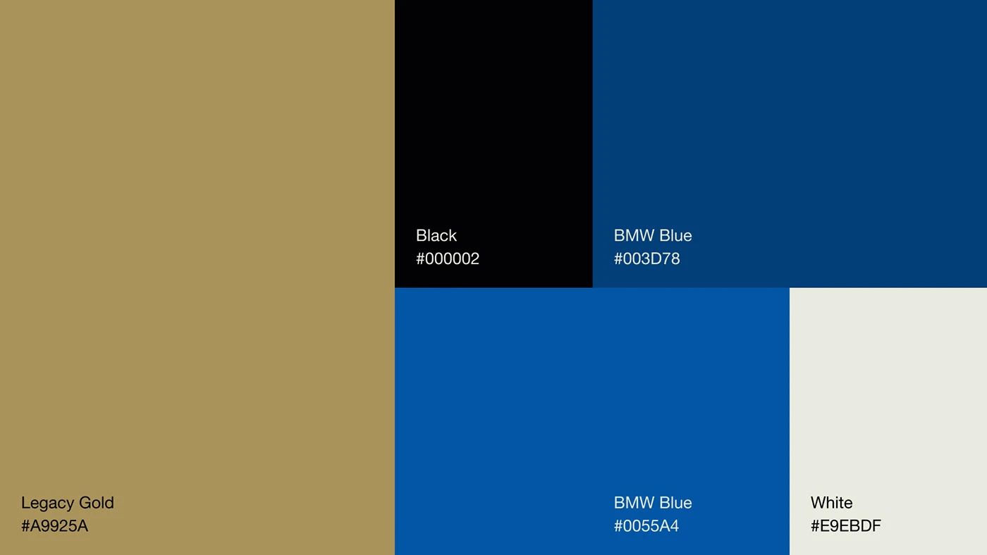 Colour palette — Legacy Gold #A9925A, Black #000002, BMW Blue #003D78, BMW Blue #0055A4, White #E9EBDF