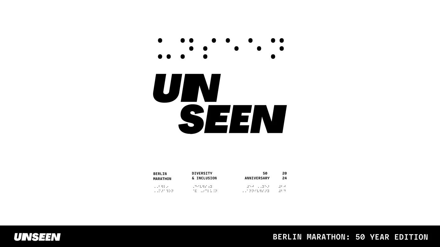 The UNSEEN wordmark on white with a Berlin Marathon: 50 Year Edition band