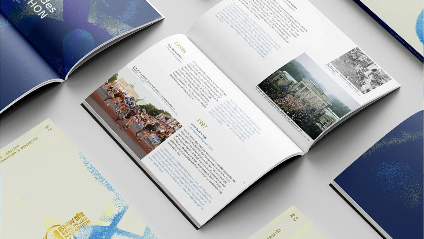 Open spreads of the book with archive marathon photographs and text