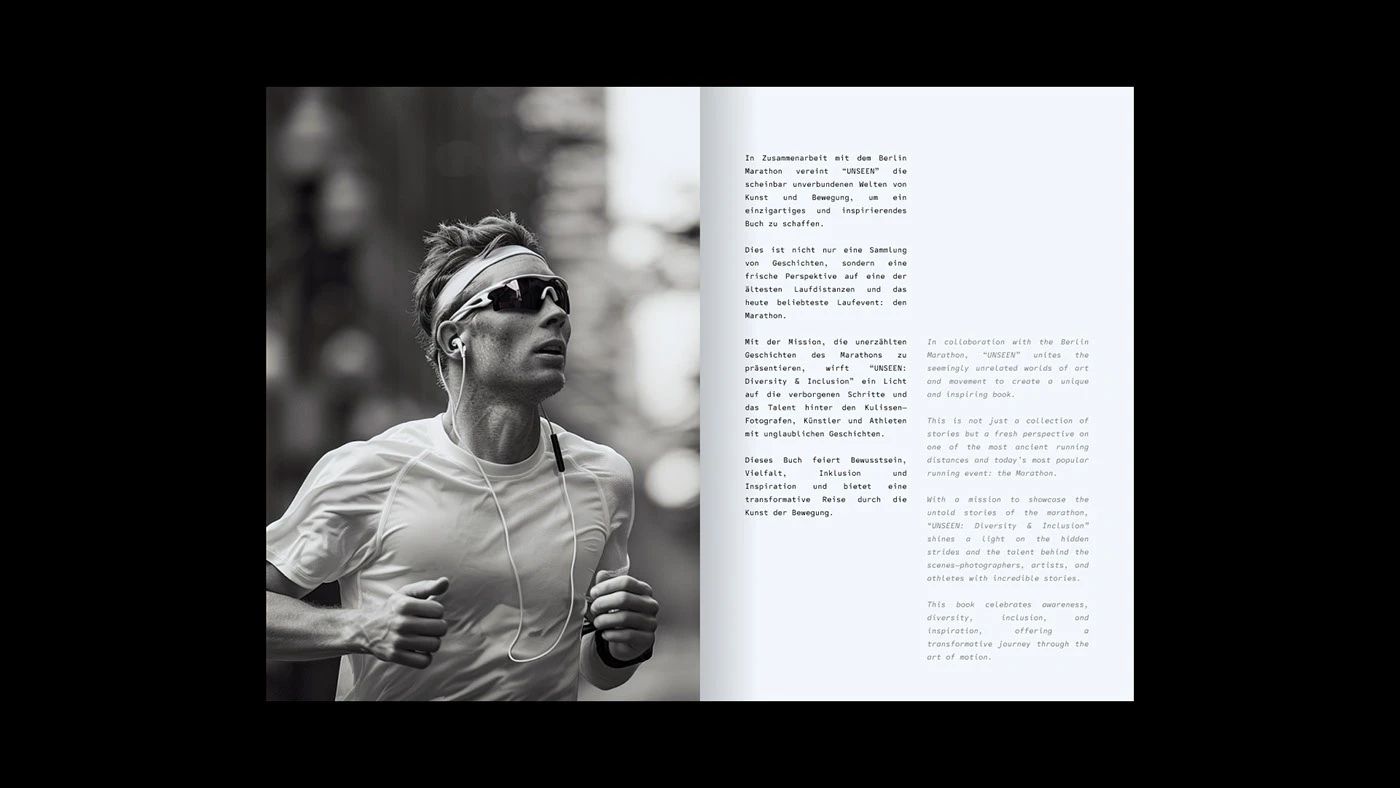 A spread with a black-and-white portrait of a runner