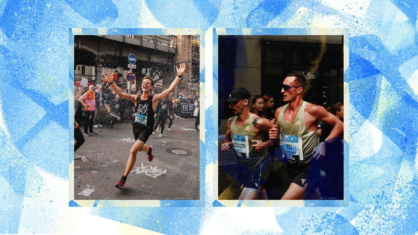 Two runner photographs framed on the blue and gold UNSEEN texture