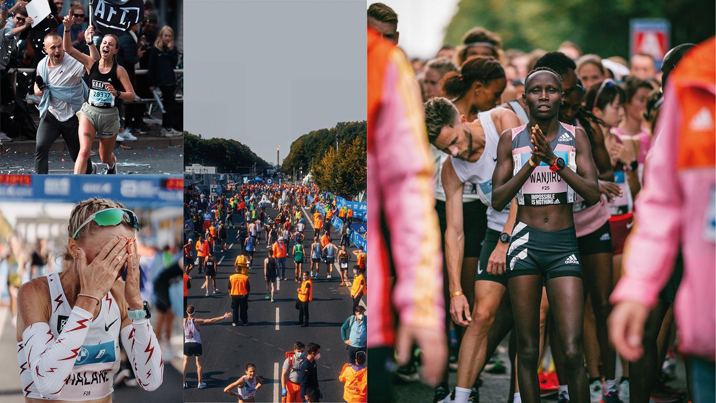 A collage of runners at the start, on the course and at the finish