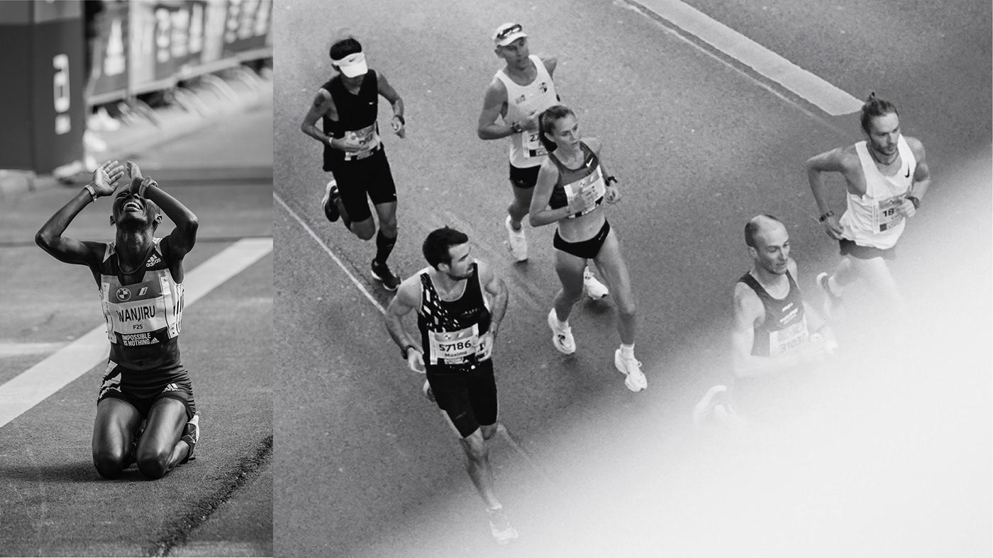 Black-and-white photographs of runners, one kneeling at the finish