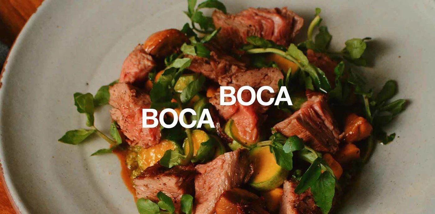 The BOCA BOCA wordmark over a plate of sliced steak and greens