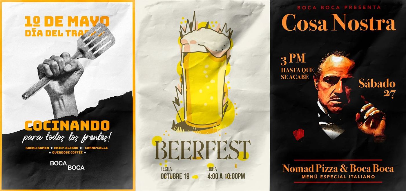 Three BOCA BOCA event posters — Día del Trabajo, Beerfest and Cosa Nostra