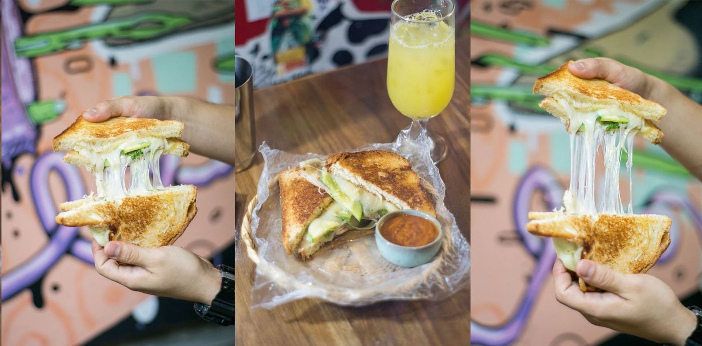 Three frames of grilled cheese sandwiches against a graffiti wall