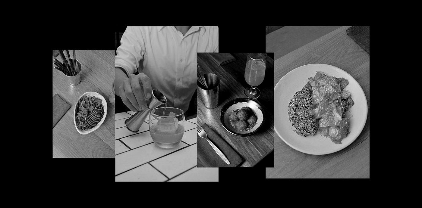 Black-and-white photographs of dishes, drinks and the kitchen
