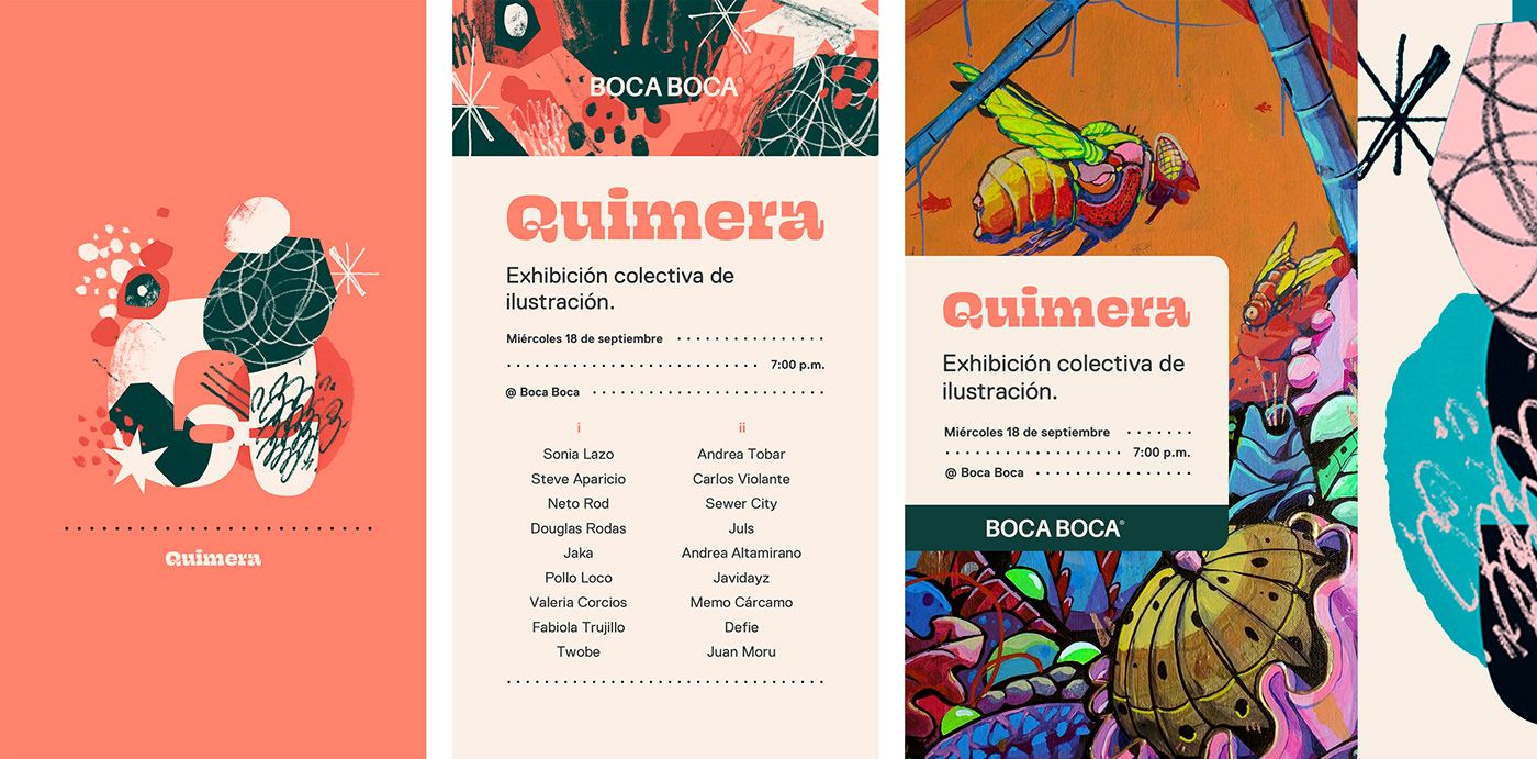 Quimera, a collective illustration exhibition held at BOCA BOCA.