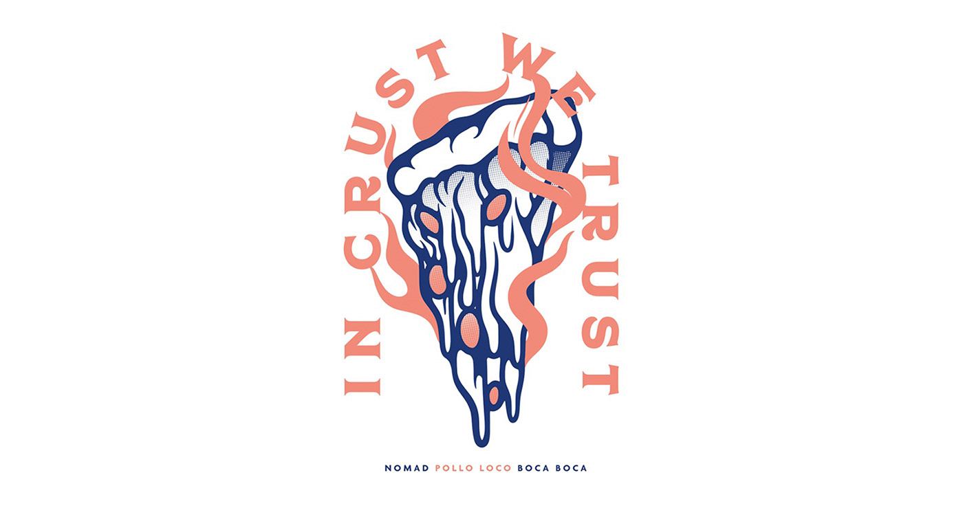 The In Crust We Trust badge: a melting pizza slice in navy and coral
