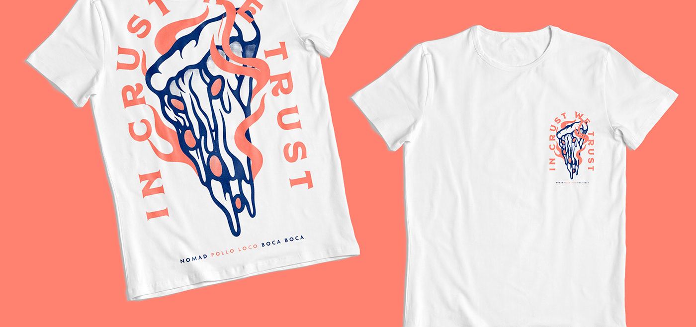 White tees printed with the In Crust We Trust graphic, back and front