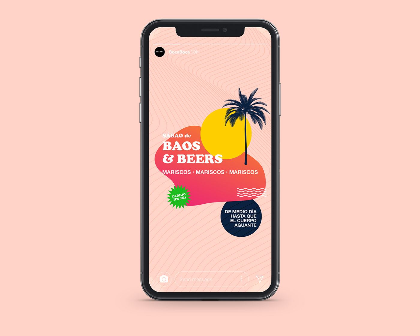 A phone showing a Baos & Beers story post in coral, yellow and navy