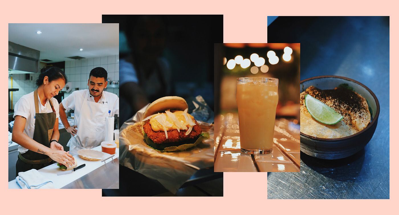 A collage of cooks, a burger, a drink and a bowl on a pink field