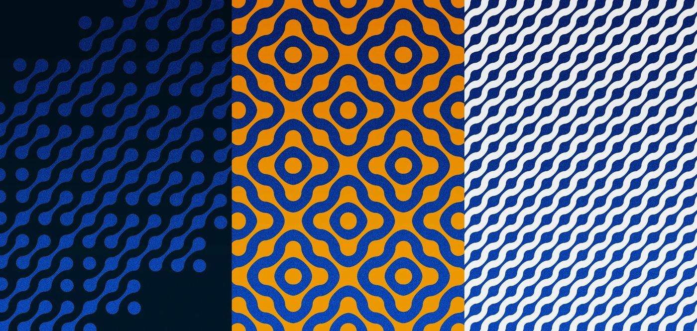 Three BOOCS patterns in blue, orange and white