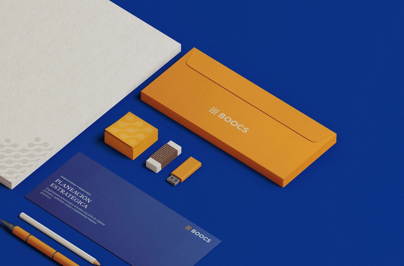 BOOCS stationery — envelope, folder, notepad and USB drive