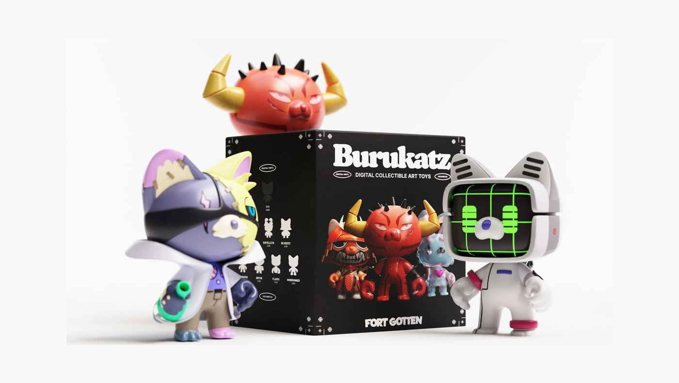 Three Burukatz figures around their box