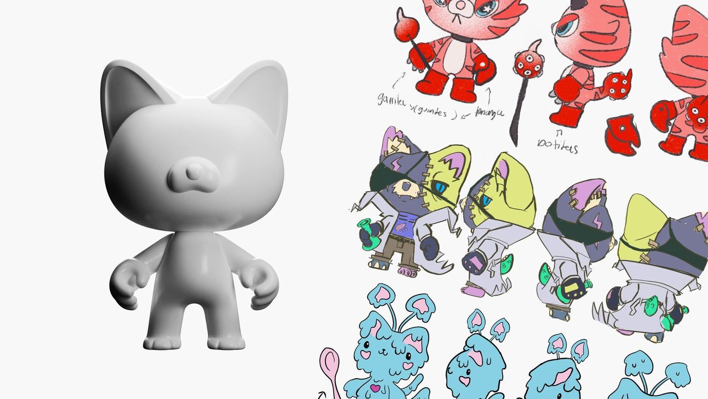 The blank base figure beside artists' sketches of their characters
