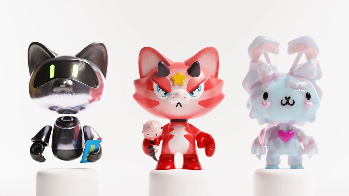 Three Burukatz figures on white plinths