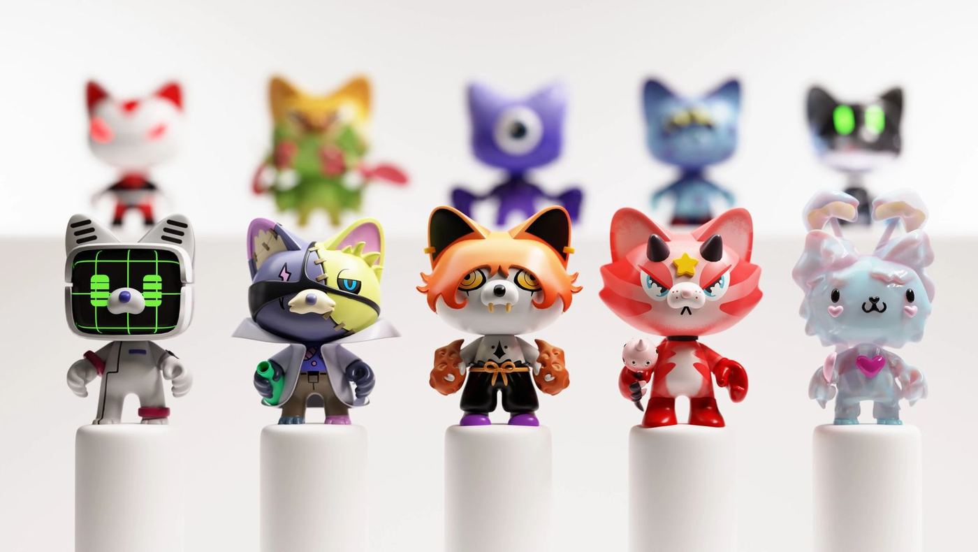 A row of Burukatz figures on plinths, more behind them out of focus