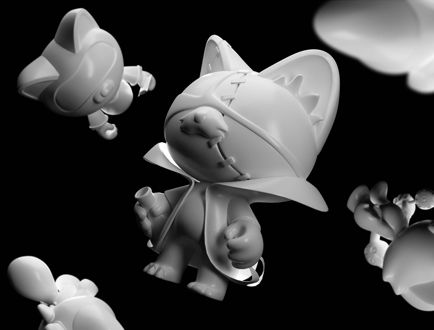 Untextured grey Burukatz figures floating against black
