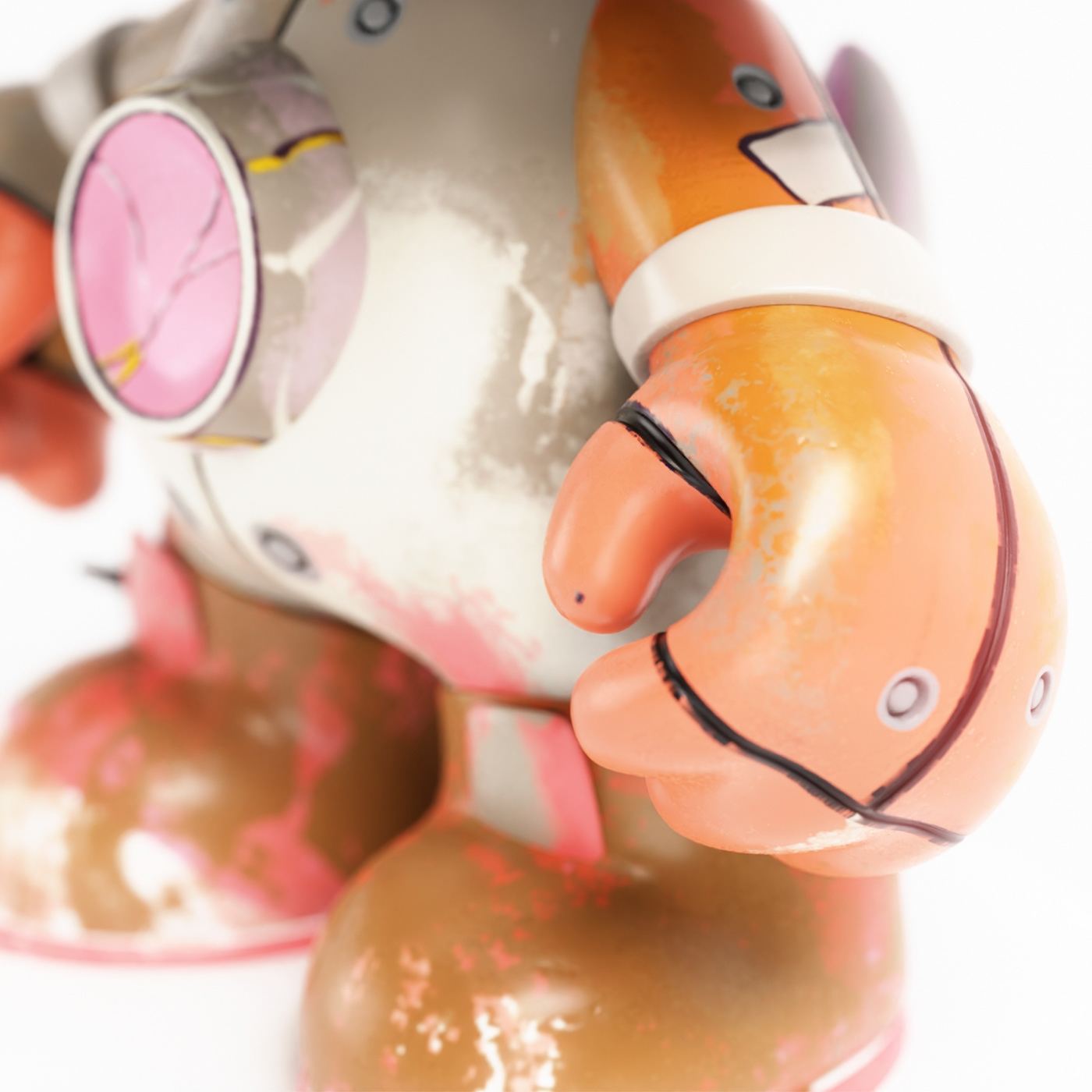 Close-up of a figure with a pink watch and orange glossy finish