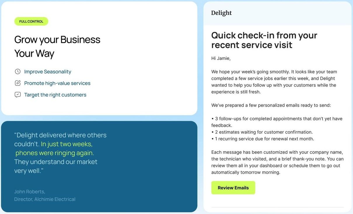 Delight interface cards and a personalised follow-up email set in Manrope
