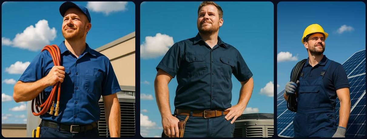 Three generated portraits of field technicians under blue skies