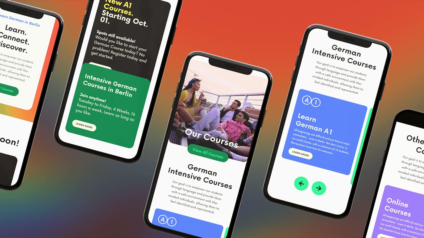 die deutSCHule course pages on a row of phones