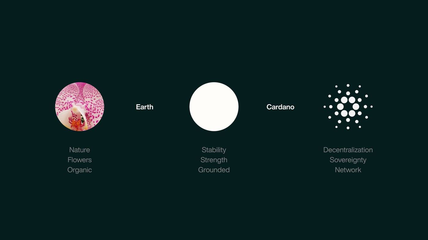 Concept diagram — orchid for nature, a white circle for earth, the Cardano mark for the network